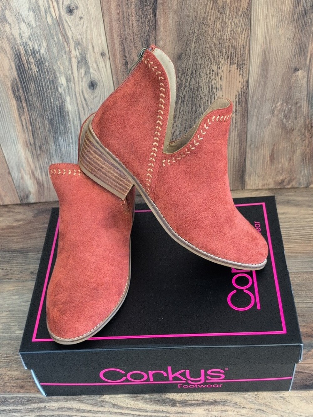 Corkys Rust Faux Suede Cutout Ankle Bluffin Bootie Boots NIB 7       578A - Picture 2 of 9